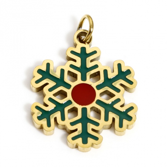 Bild von 1 Stück Umweltfreundliche PVD-Vakuumbeschichtung 304 Edelstahl Charms Vergoldet Rot & Grün Weihnachten Schneeflocke Emaille 20mm x 14mm