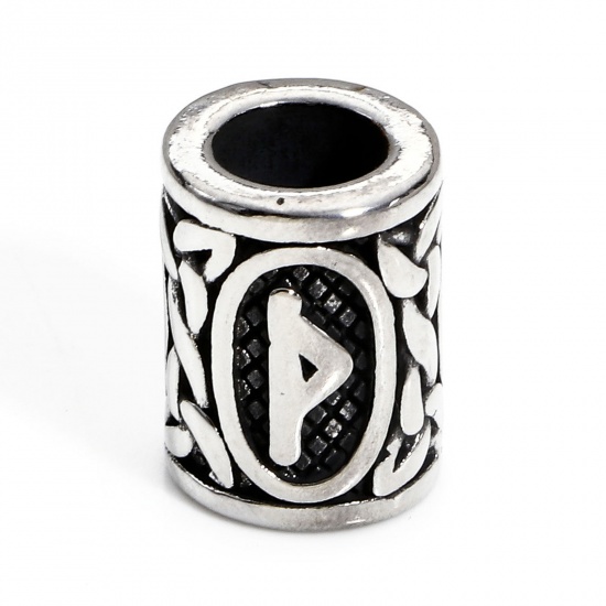 Bild von 1 Stück 304 Edelstahl Religiös Charm-Perlen mit großem Loch im europäischen Stil Zylinder Antiksilber Griechisches Alphabet 13mm x 10mm, Loch: ca. 5.8mm