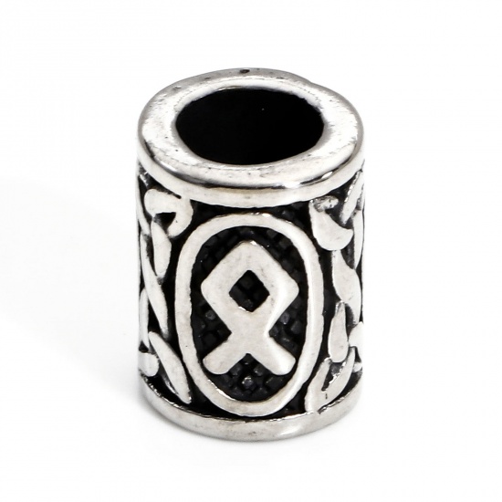 Bild von 1 Stück 304 Edelstahl Religiös Charm-Perlen mit großem Loch im europäischen Stil Zylinder Antiksilber Griechisches Alphabet 13mm x 10mm, Loch: ca. 5.8mm