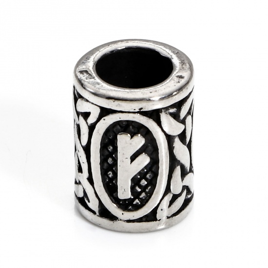 Bild von 1 Stück 304 Edelstahl Religiös Charm-Perlen mit großem Loch im europäischen Stil Zylinder Antiksilber Griechisches Alphabet 13mm x 10mm, Loch: ca. 5.8mm