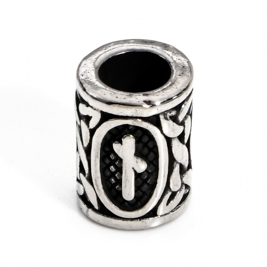 Bild von 1 Stück 304 Edelstahl Religiös Charm-Perlen mit großem Loch im europäischen Stil Zylinder Antiksilber Griechisches Alphabet 13mm x 10mm, Loch: ca. 5.8mm