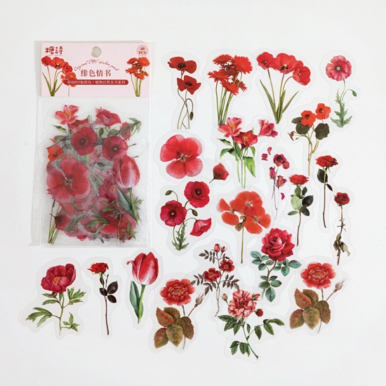 Picture of 1 Set ( 40 PCs/Set) PET DIY Scrapbook Deco Stickers Red Flower