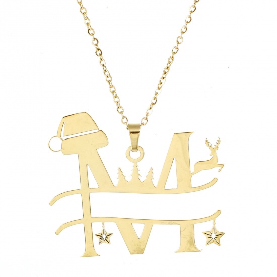 Picture of 1 Piece 304 Stainless Steel Link Cable Chain Necklace Gold Plated Christmas Hats Christmas Reindeer Message " M " 40cm(15 6/8") long