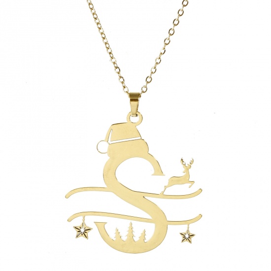 Picture of 1 Piece 304 Stainless Steel Link Cable Chain Necklace Gold Plated Christmas Hats Christmas Reindeer Message " S " 40cm(15 6/8") long