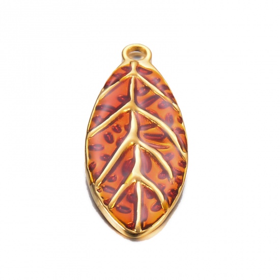 Picture of 1 Piece 304 Stainless Steel Retro Pendants Gold Plated Orange-red Leaf Enamel 40mm x 16mm