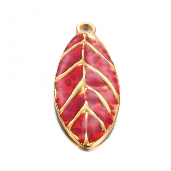 Picture of 1 Piece 304 Stainless Steel Retro Pendants Gold Plated Red Leaf Enamel 40mm x 16mm
