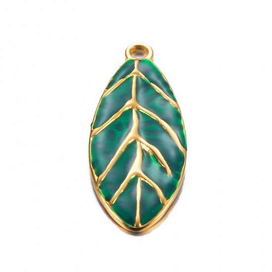 Picture of 1 Piece 304 Stainless Steel Retro Pendants Gold Plated Green Leaf Enamel 40mm x 16mm