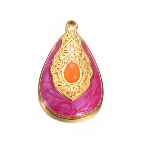 Image de 1 Pièce Pendentifs en 304 Acier Inoxydable Rétro Goutte d'Eau Doré Fuchsia Ovale Émail 35mm x 19mm