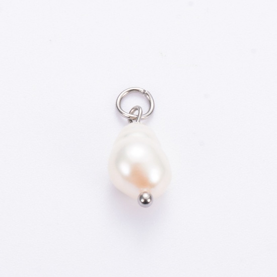 Picture of 2 PCs Eco-friendly 304 Stainless Steel & Natural Pearl Charms Silver Tone Baroque 18mm x 7mm