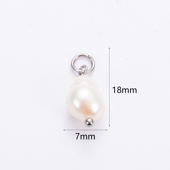 Picture of 2 PCs Eco-friendly 304 Stainless Steel & Natural Pearl Charms Silver Tone Baroque 18mm x 7mm