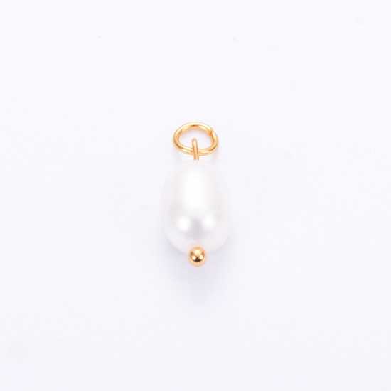 Picture of 2 PCs Vacuum Plating 304 Stainless Steel & Natural Pearl Charms Gold Plated Baroque 18mm x 7mm