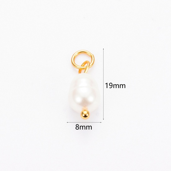 Picture of 2 PCs Vacuum Plating 304 Stainless Steel & Natural Pearl Charms Gold Plated Baroque 19mm x 8mm