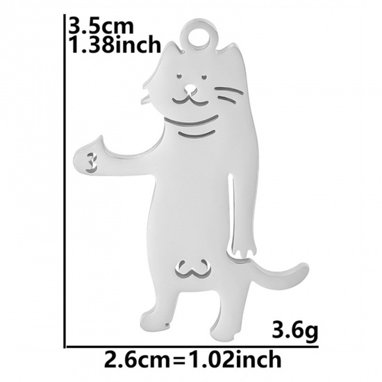 2 個 304ステンレス鋼 チャーム 猫 シルバートーン 透かし 3.5cm x 2.6cm の画像