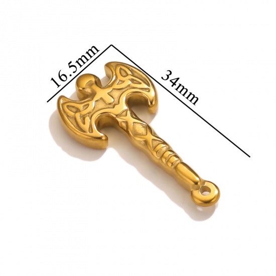 Bild von 1 Stück 304 Edelstahl Anhänger Axt 18K Gold plattiert Textur 34mm x 16.5mm