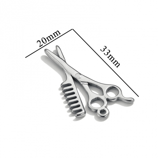 Bild von 1 Stück 304 Edelstahl Anhänger Kamm Silberfarbe Schere 33mm x 20mm