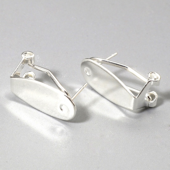 Picture of 2 PCs Brass Lever Back Clips Earrings Silver Plated Oval Glue On 20mm x 10mm, Post/ Wire Size: (21 gauge)                                                                                                                                                     