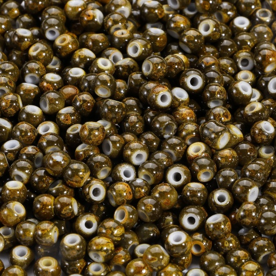 Picture of 10 Grams Glass Seed Beads Round Olive Green Imitation Stone 4mm x 3.5mm