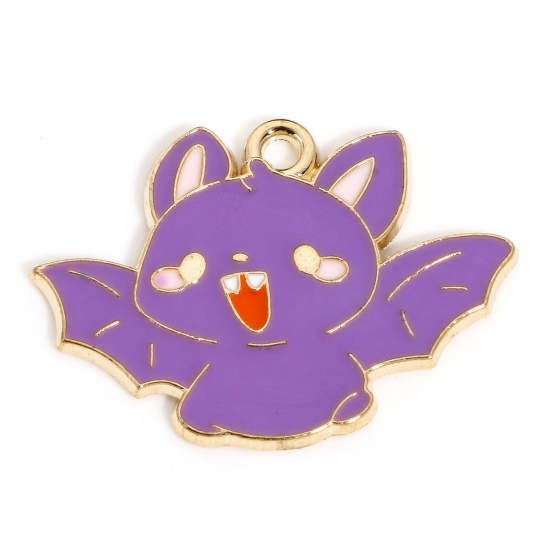 Picture of 10 PCs Zinc Based Alloy Halloween Charms Gold Plated Cat Animal Halloween Bat Enamel 28mm x 21mm