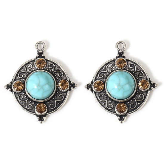 Picture of 5 PCs Zinc Based Alloy Boho Chic Bohemia Charms Antique Silver Color Green Blue Round With Resin Cabochons Imitation Turquoise Champagne Rhinestone 29mm x 26mm