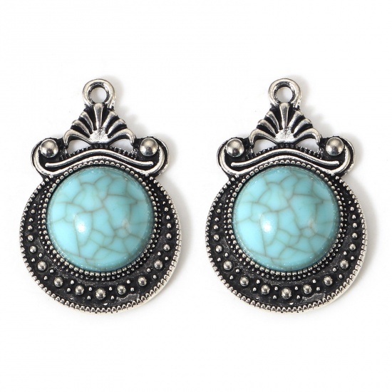 Picture of 5 PCs Zinc Based Alloy Boho Chic Bohemia Charms Antique Silver Color Green Blue Round Dot With Resin Cabochons Imitation Turquoise 27mm x 18mm