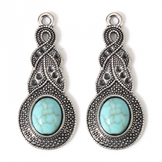 Picture of 5 PCs Zinc Based Alloy Boho Chic Bohemia Pendants Antique Silver Color Green Blue Drop With Resin Cabochons Imitation Turquoise (Can Hold ss4 Pointed Back Rhinestone) 3.7cm x 1.6cm