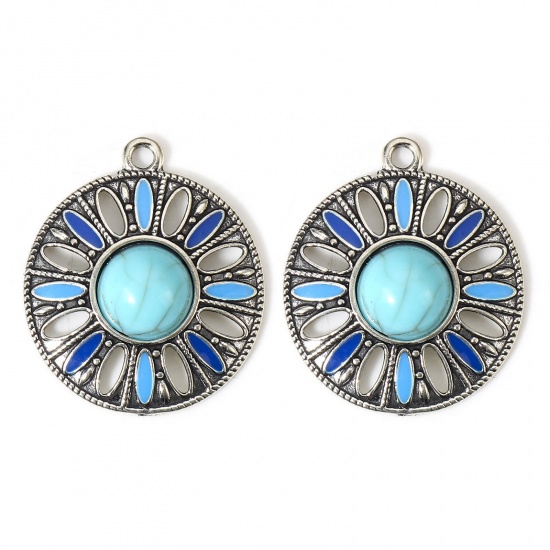Picture of 5 PCs Zinc Based Alloy Boho Chic Bohemia Charms Antique Silver Color Green Blue Round With Resin Cabochons Imitation Turquoise 29mm x 25mm