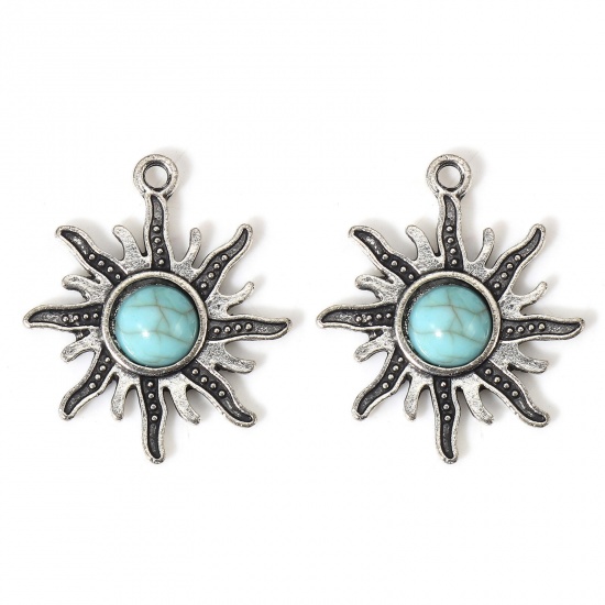 Picture of 5 PCs Zinc Based Alloy Boho Chic Bohemia Charms Antique Silver Color Green Blue Sun With Resin Cabochons Imitation Turquoise 26mm x 23mm