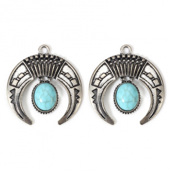 Picture of 5 PCs Zinc Based Alloy Boho Chic Bohemia Charms Antique Silver Color Green Blue Crescent Moon Double Horn With Resin Cabochons Imitation Turquoise 29mm x 27mm