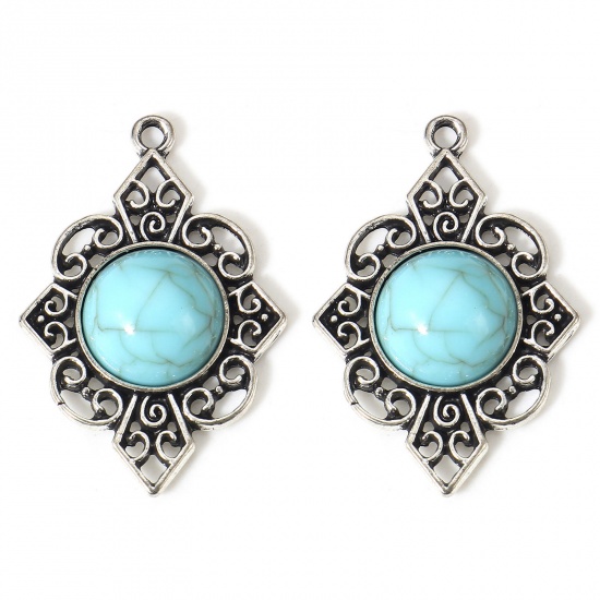 Picture of 5 PCs Zinc Based Alloy Boho Chic Bohemia Pendants Antique Silver Color Green Blue Rhombus With Resin Cabochons Imitation Turquoise 3.3cm x 2.2cm
