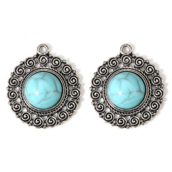 Picture of 5 PCs Zinc Based Alloy Boho Chic Bohemia Charms Antique Silver Color Green Blue Round Filigree With Resin Cabochons Imitation Turquoise 27mm x 23mm