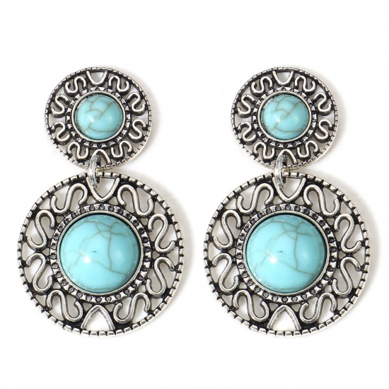 Picture of 5 PCs Zinc Based Alloy Boho Chic Bohemia Pendants Antique Silver Color Green Blue Round Filigree With Resin Cabochons Imitation Turquoise 4.3cm x 2.5cm