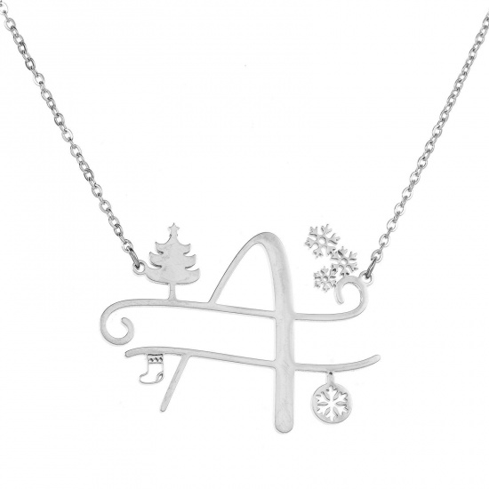 Bild von 1 Strang 304 Edelstahl Gliederkette Kette Halskette Platin Plattiert Weihnachten Weihnachtsbaum Schneeflocke Message " A " Hohl 43.5cm lang