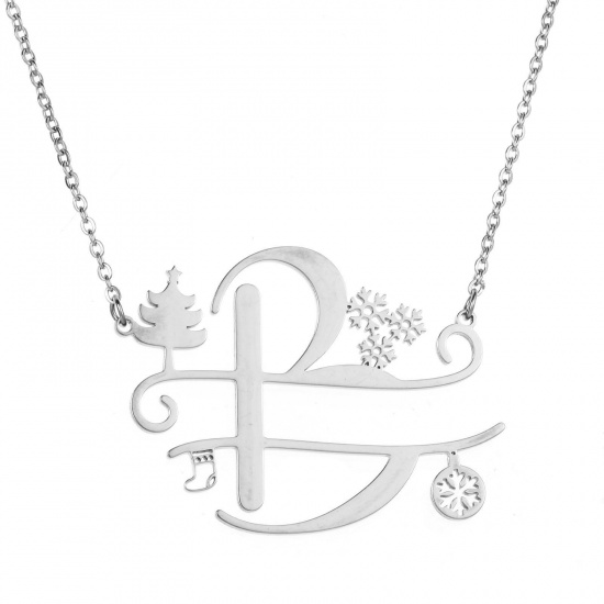 Bild von 1 Strang 304 Edelstahl Gliederkette Kette Halskette Platin Plattiert Weihnachten Weihnachtsbaum Schneeflocke Message " B " Hohl 43.5cm lang