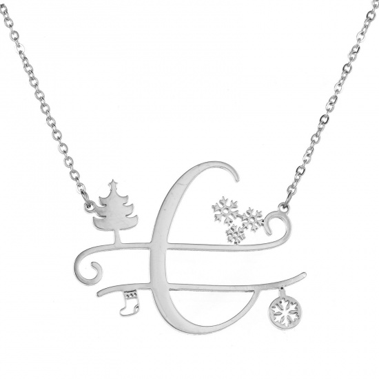 Bild von 1 Strang 304 Edelstahl Gliederkette Kette Halskette Platin Plattiert Weihnachten Weihnachtsbaum Schneeflocke Message " C " Hohl 43cm lang