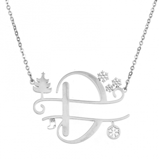 Bild von 1 Strang 304 Edelstahl Gliederkette Kette Halskette Platin Plattiert Weihnachten Weihnachtsbaum Schneeflocke Message " D " Hohl 43.5cm lang