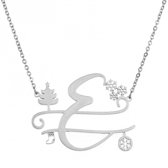 Bild von 1 Strang 304 Edelstahl Gliederkette Kette Halskette Platin Plattiert Weihnachten Weihnachtsbaum Schneeflocke Message " E " Hohl 43cm lang