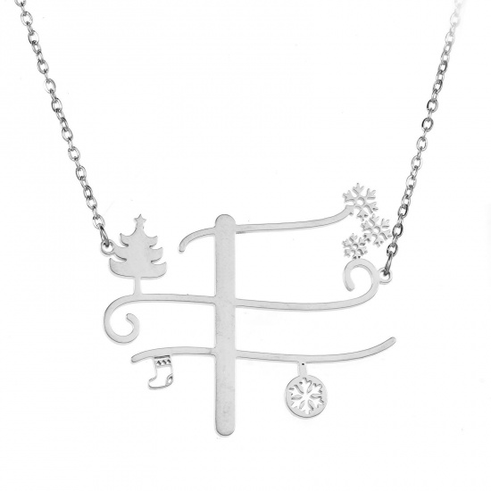 Bild von 1 Strang 304 Edelstahl Gliederkette Kette Halskette Platin Plattiert Weihnachten Weihnachtsbaum Schneeflocke Message " F " Hohl 44cm lang