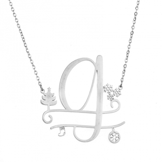 Bild von 1 Strang 304 Edelstahl Gliederkette Kette Halskette Platin Plattiert Weihnachten Weihnachtsbaum Schneeflocke Message " G " Hohl 43.5cm lang