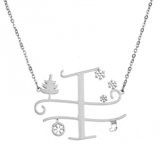 Bild von 1 Strang 304 Edelstahl Gliederkette Kette Halskette Platin Plattiert Weihnachten Weihnachtsbaum Schneeflocke Message " I " Hohl 43.5cm lang