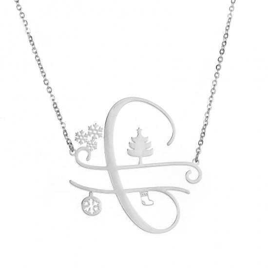 Bild von 1 Strang 304 Edelstahl Gliederkette Kette Halskette Platin Plattiert Weihnachten Weihnachtsbaum Schneeflocke Message " J " Hohl 43cm lang