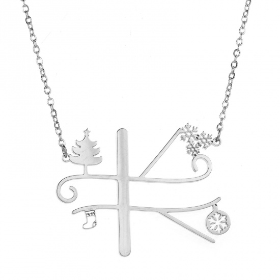 Bild von 1 Strang 304 Edelstahl Gliederkette Kette Halskette Platin Plattiert Weihnachten Weihnachtsbaum Schneeflocke Message " K " Hohl 44cm lang