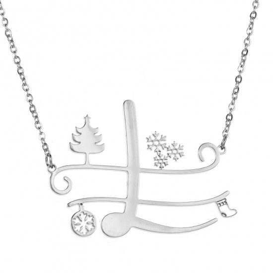 Bild von 1 Strang 304 Edelstahl Gliederkette Kette Halskette Platin Plattiert Weihnachten Weihnachtsbaum Schneeflocke Message " L " Hohl 43cm lang