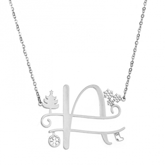 Bild von 1 Strang 304 Edelstahl Gliederkette Kette Halskette Platin Plattiert Weihnachten Weihnachtsbaum Schneeflocke Message " N " Hohl 44cm lang
