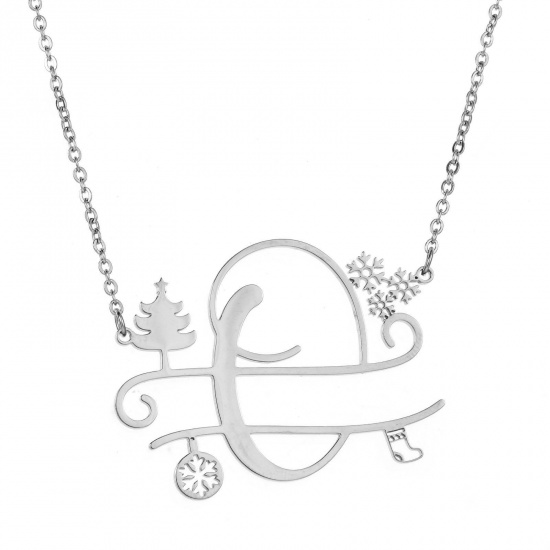 Bild von 1 Strang 304 Edelstahl Gliederkette Kette Halskette Platin Plattiert Weihnachten Weihnachtsbaum Schneeflocke Message " O " Hohl 43.5cm lang