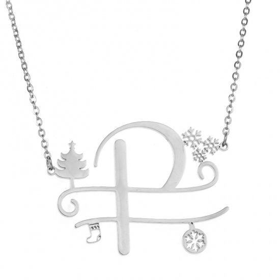 Bild von 1 Strang 304 Edelstahl Gliederkette Kette Halskette Platin Plattiert Weihnachten Weihnachtsbaum Schneeflocke Message " P " Hohl 43cm lang
