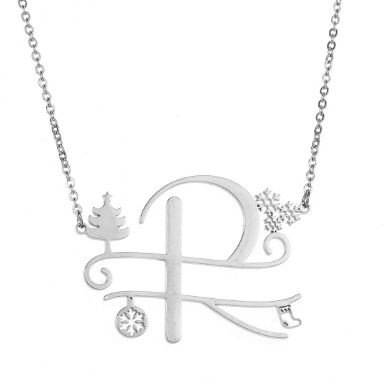 Bild von 1 Strang 304 Edelstahl Gliederkette Kette Halskette Platin Plattiert Weihnachten Weihnachtsbaum Schneeflocke Message " R " Hohl 43.5cm lang