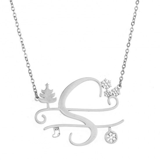 Bild von 1 Strang 304 Edelstahl Gliederkette Kette Halskette Platin Plattiert Weihnachten Weihnachtsbaum Schneeflocke Message " S " Hohl 43cm lang