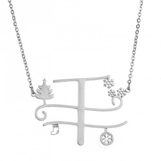 Bild von 1 Strang 304 Edelstahl Gliederkette Kette Halskette Platin Plattiert Weihnachten Weihnachtsbaum Schneeflocke Message " T " Hohl 44.5cm lang