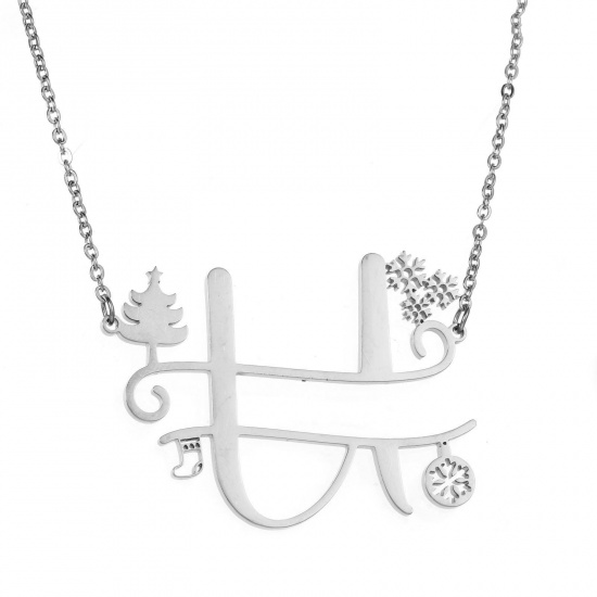 Bild von 1 Strang 304 Edelstahl Gliederkette Kette Halskette Platin Plattiert Weihnachten Weihnachtsbaum Schneeflocke Message " U " Hohl 44cm lang