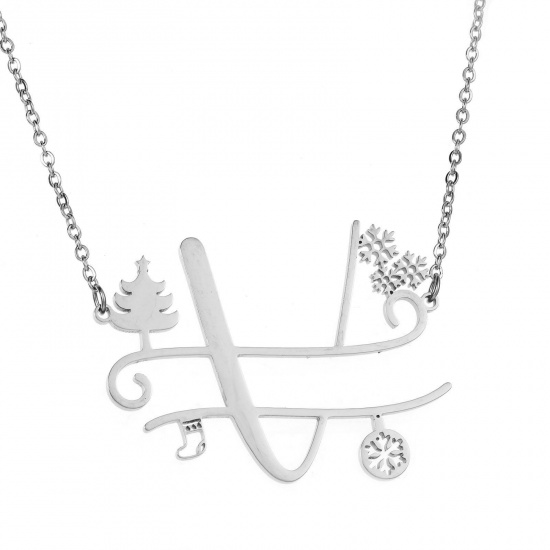 Bild von 1 Strang 304 Edelstahl Gliederkette Kette Halskette Platin Plattiert Weihnachten Weihnachtsbaum Schneeflocke Message " V " Hohl 44cm lang